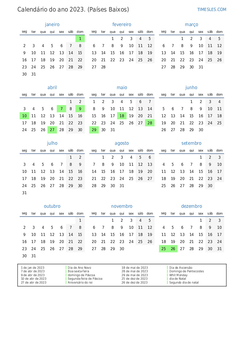 Calendário 2023 com feriados na Holanda Imprimir e baixar calendário