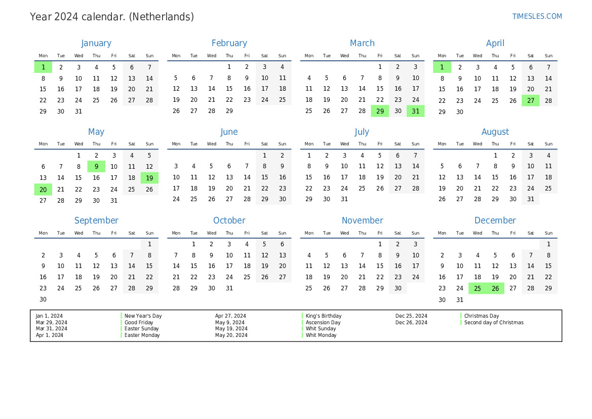 Calendar for 2024 with holidays in Netherlands Print and download