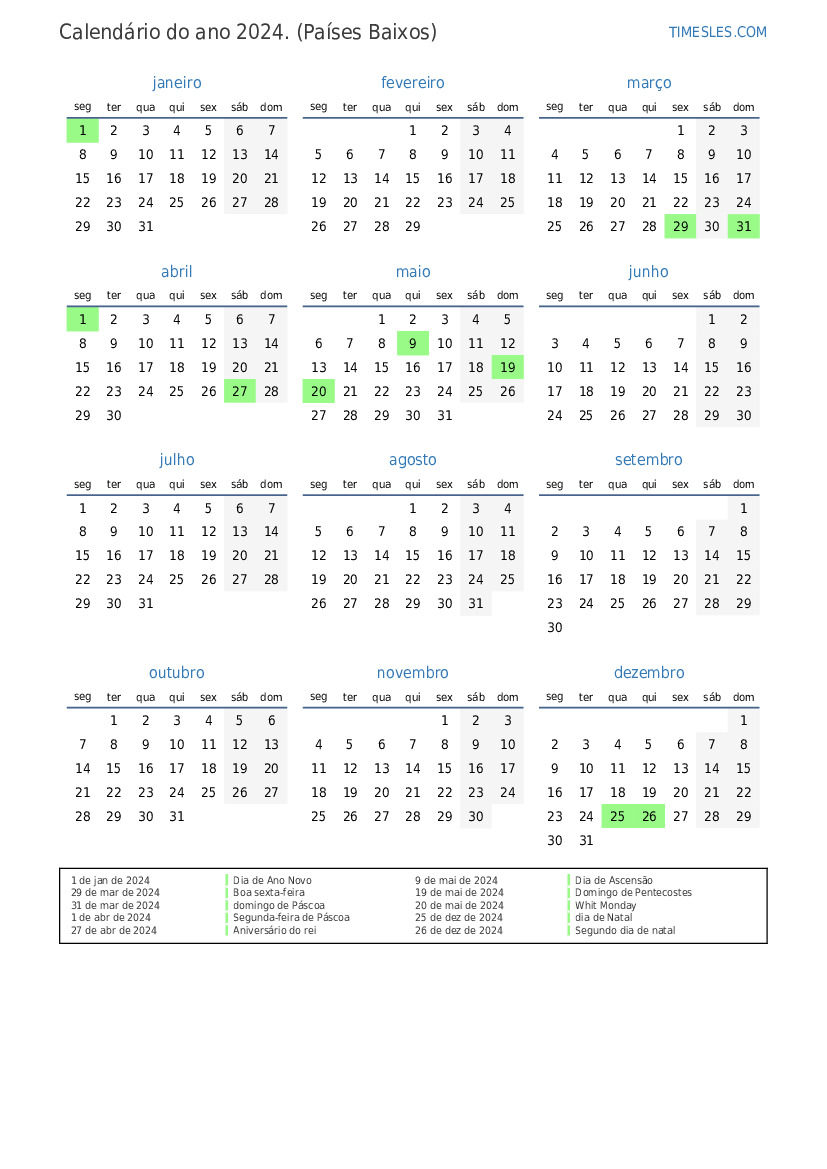 Calendário 2024 com feriados na Holanda Imprimir e baixar calendário