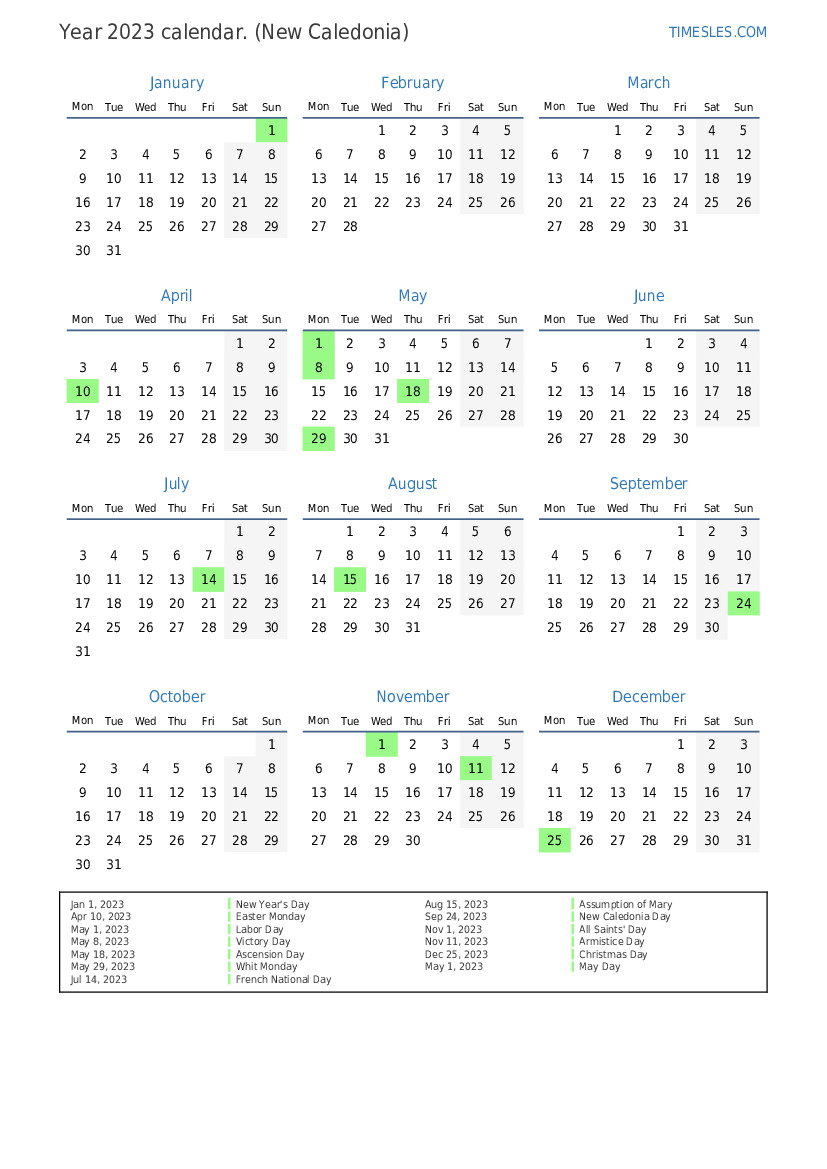 Calendar for 2023 with holidays in New Caledonia Print and download