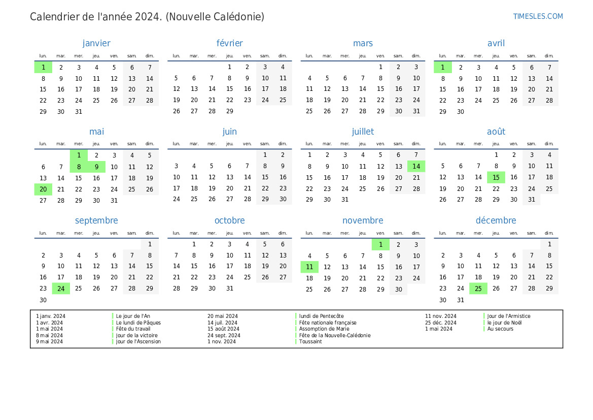 Calendrier 2024 avec jours fériés en Nouvelle Calédonie Imprimer et