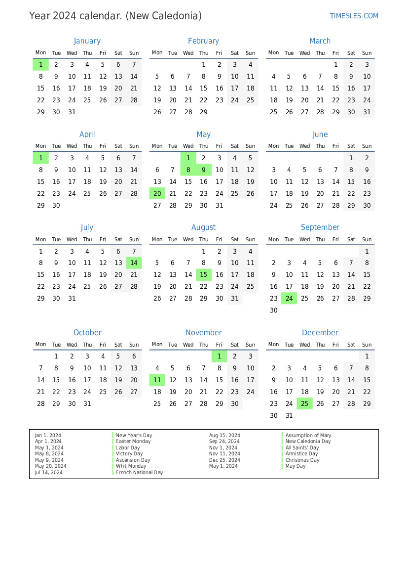 Calendar for 2024 with holidays in New Caledonia Print and download