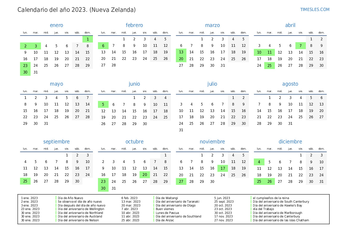 Calendario 2023 Con Días Festivos En Nueva Zelanda 