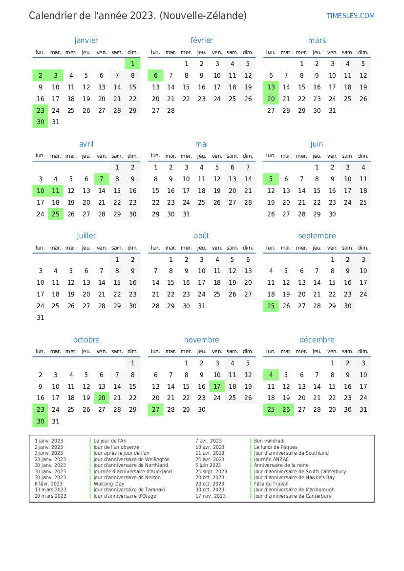 Calendrier 2023 avec jours fériés en NouvelleZélande Imprimer et