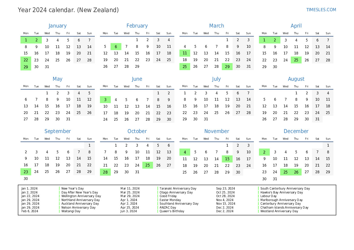 Calendar for 2024 with holidays in New Zealand | Print and download ...