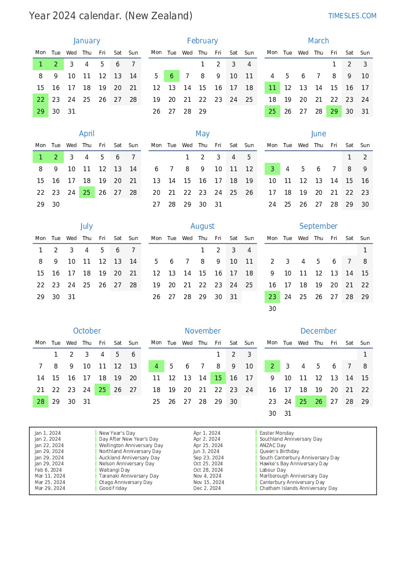 Calendar for 2024 with holidays in New Zealand Print and download