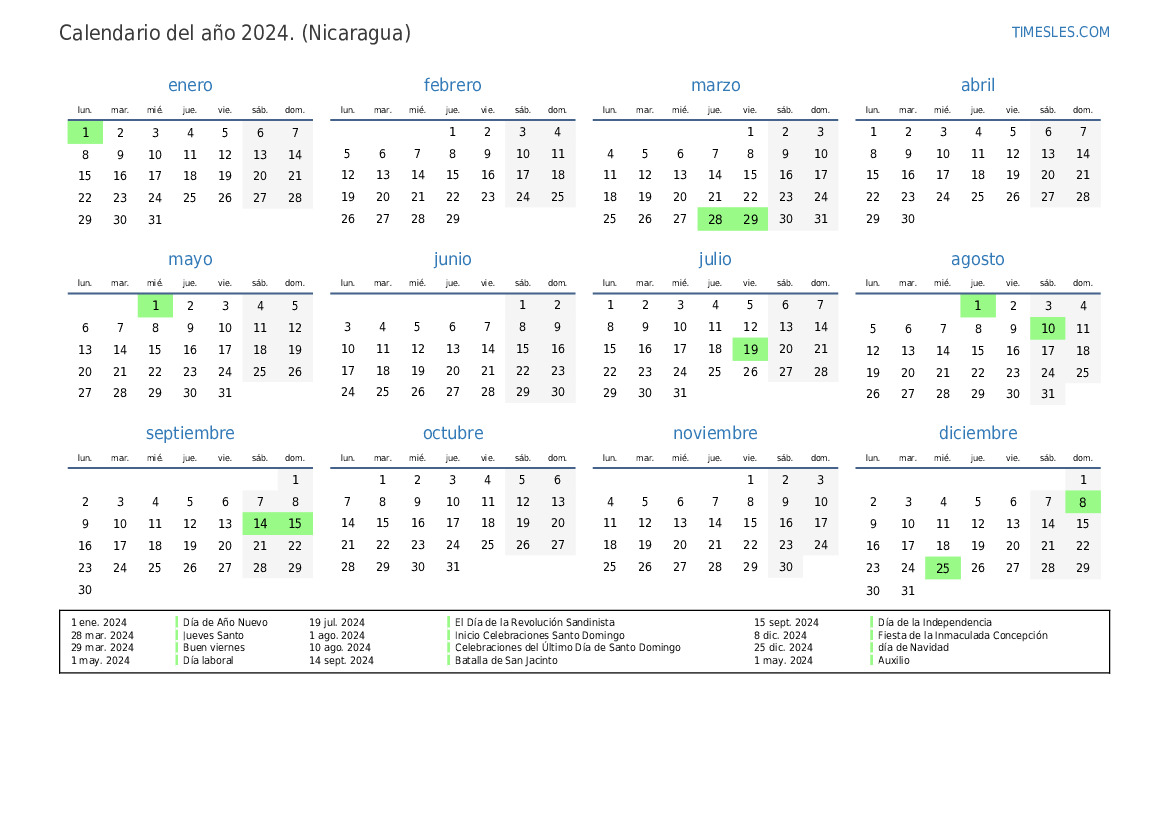 Calendario 2024 con días festivos in Nicaragua Imprimir y descargar
