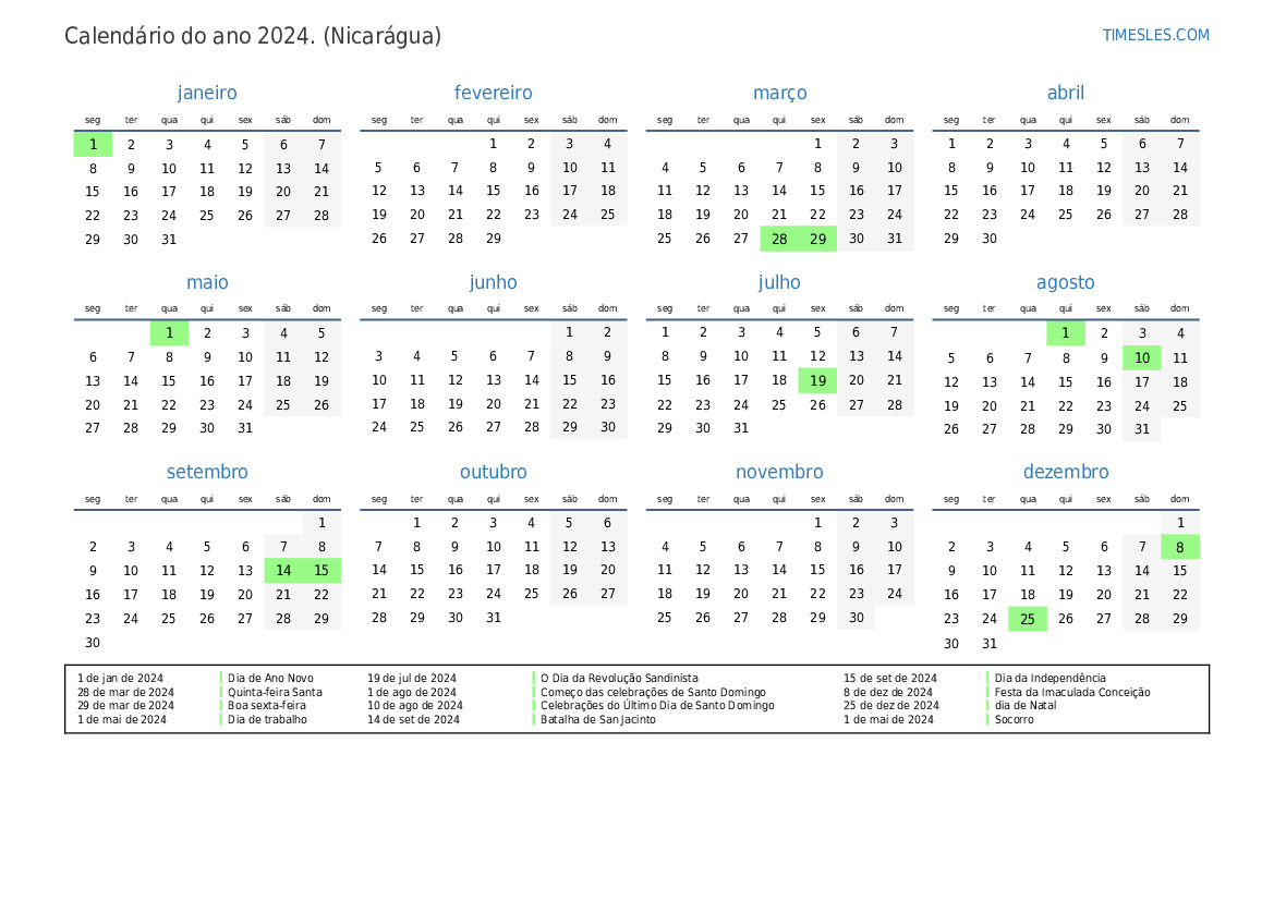 Calendário 2024 com feriados na nicarágua Imprimir e baixar calendário