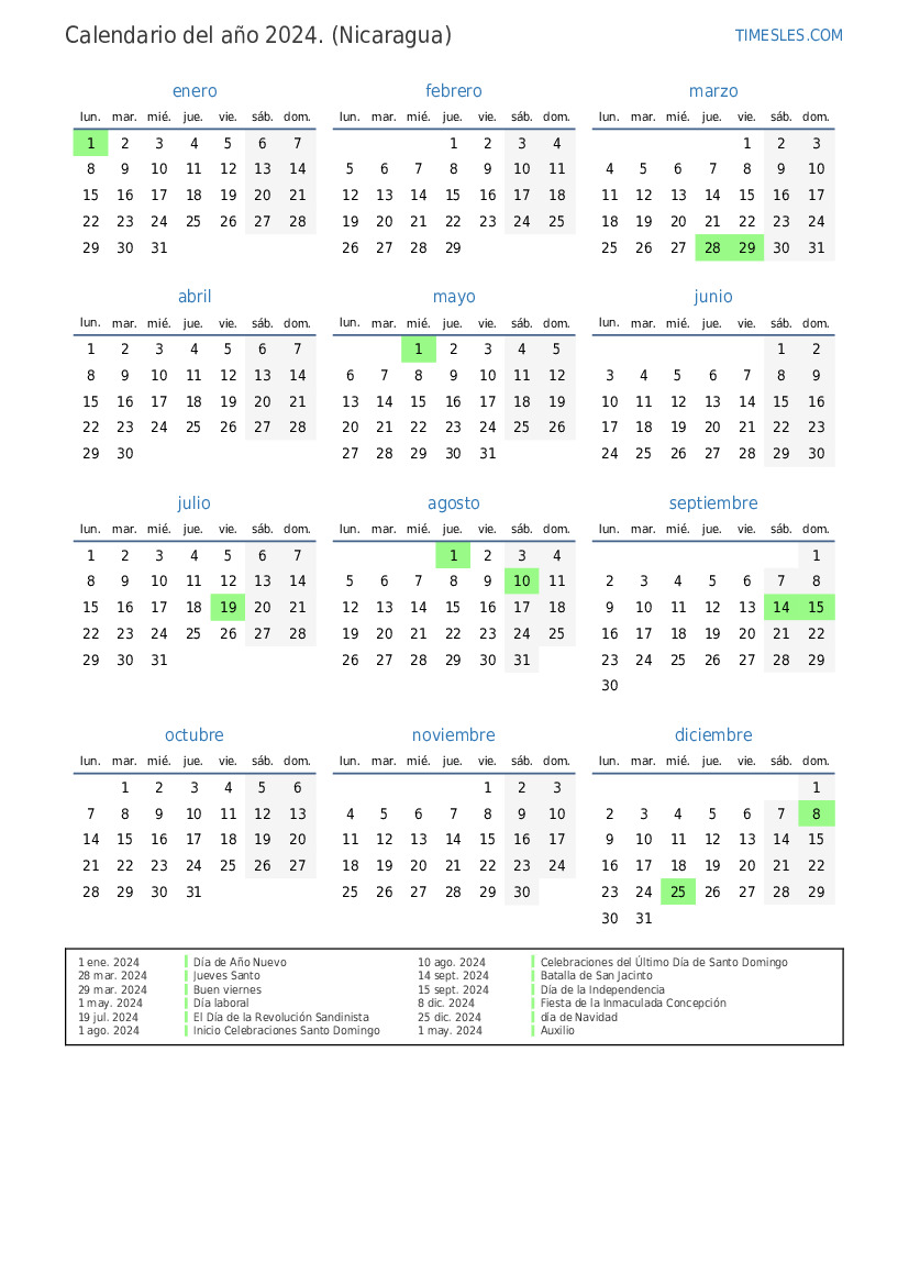 Calendario 2024 con días festivos in Nicaragua Imprimir y descargar calendario