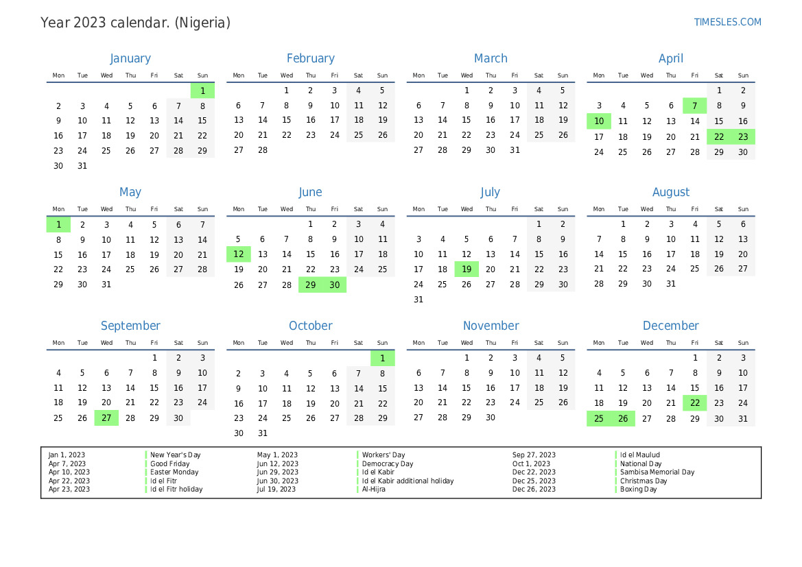 2023 Calendar With Public Holidays In Nigeria IMAGESEE