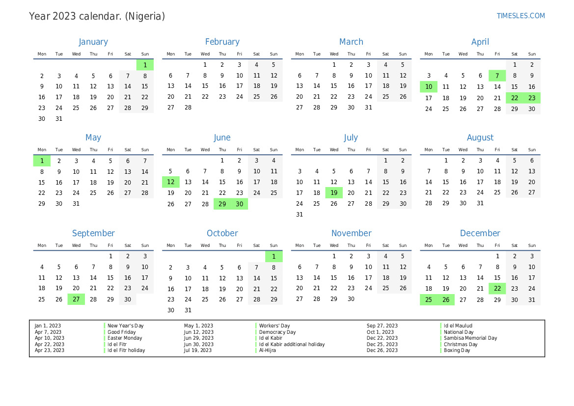 Calendar for 2023 with holidays in Nigeria | Print and download calendar