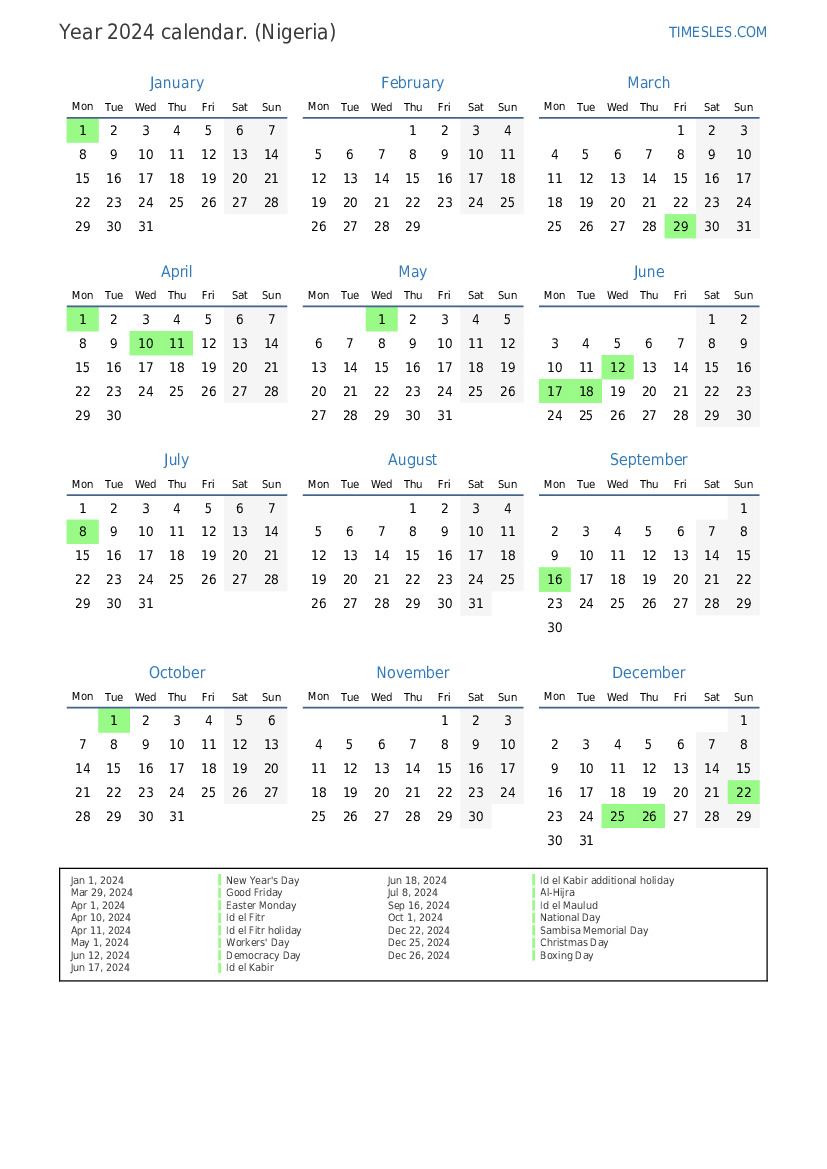 Calendar for 2024 with holidays in Nigeria Print and download calendar