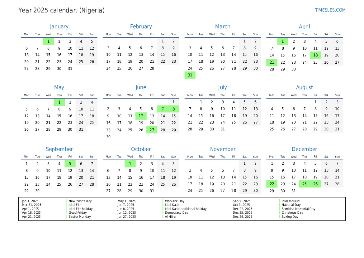 Calendar for 2025 with holidays in Nigeria Print and download calendar