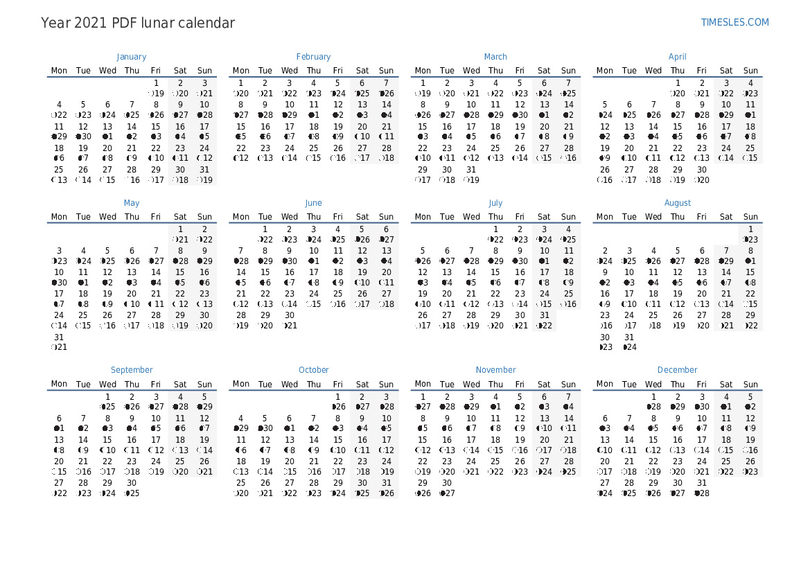 Lunar Calendar For 2021 