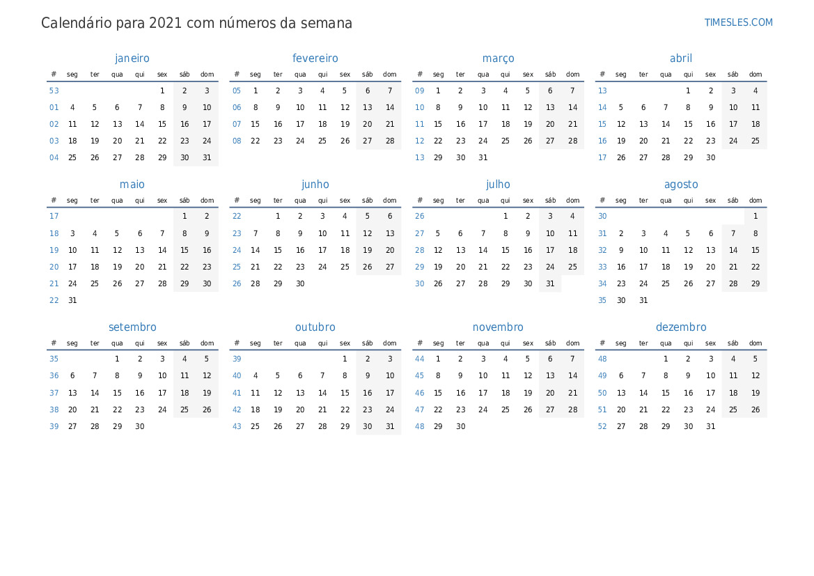 Calendário Para 2021 Com Semanas Imprimir E Baixar Calendário