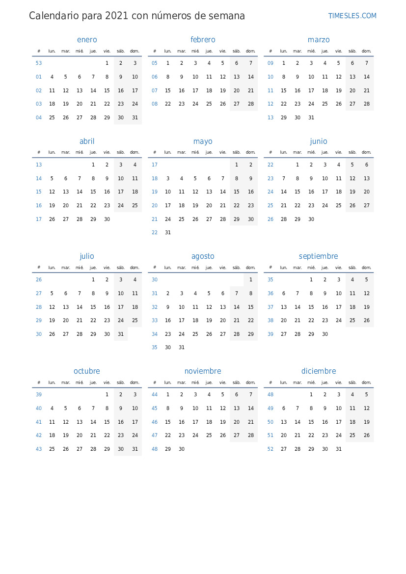 Departamento Mentalmente ley Calendario para 2021 con semanas | Imprimir y descargar calendario