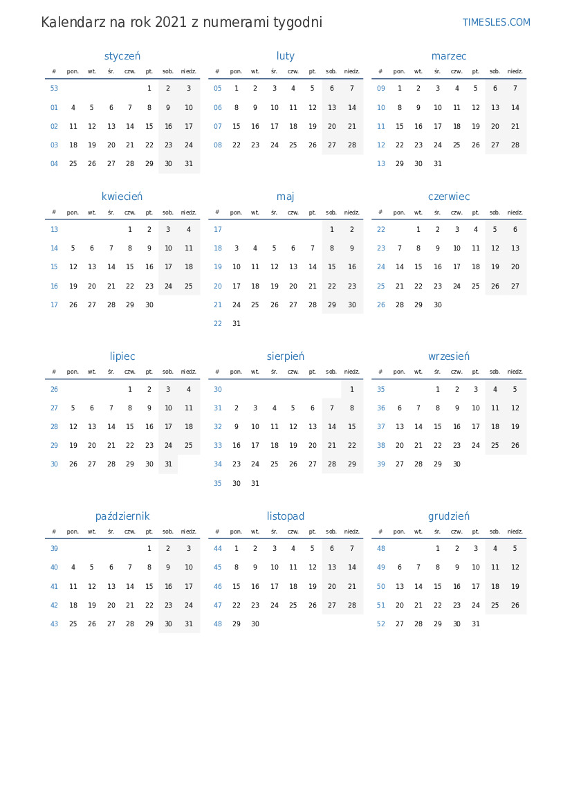 50 tydzień 2021 | Kalendarz
