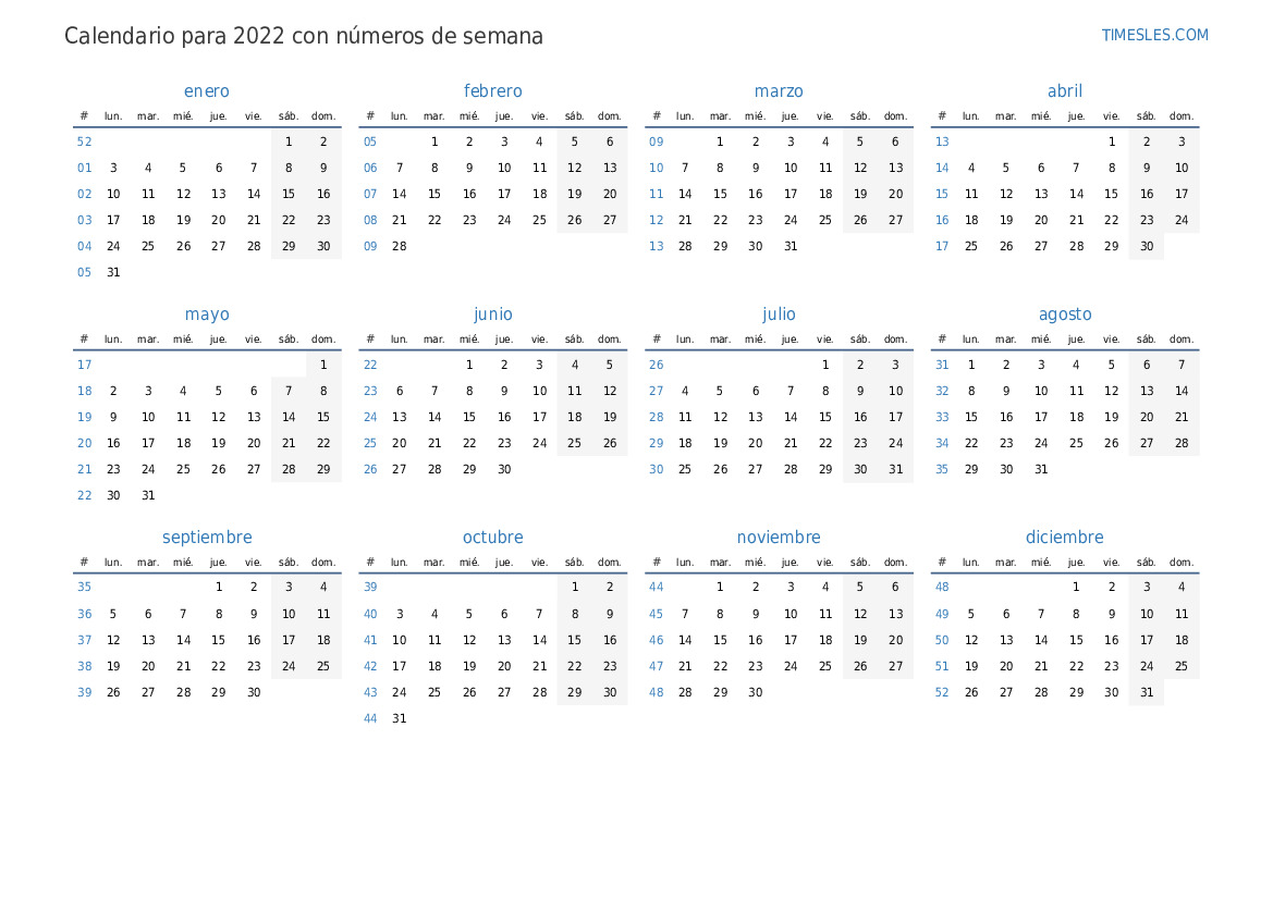 café Cortés Tamano relativo Calendario para 2022 con semanas | Imprimir y descargar calendario
