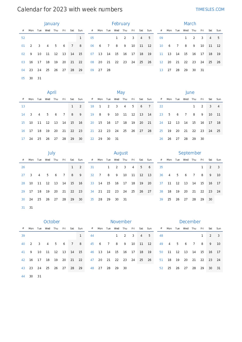 2023 Calendar With Week Numbers - Printable Calendar 2023