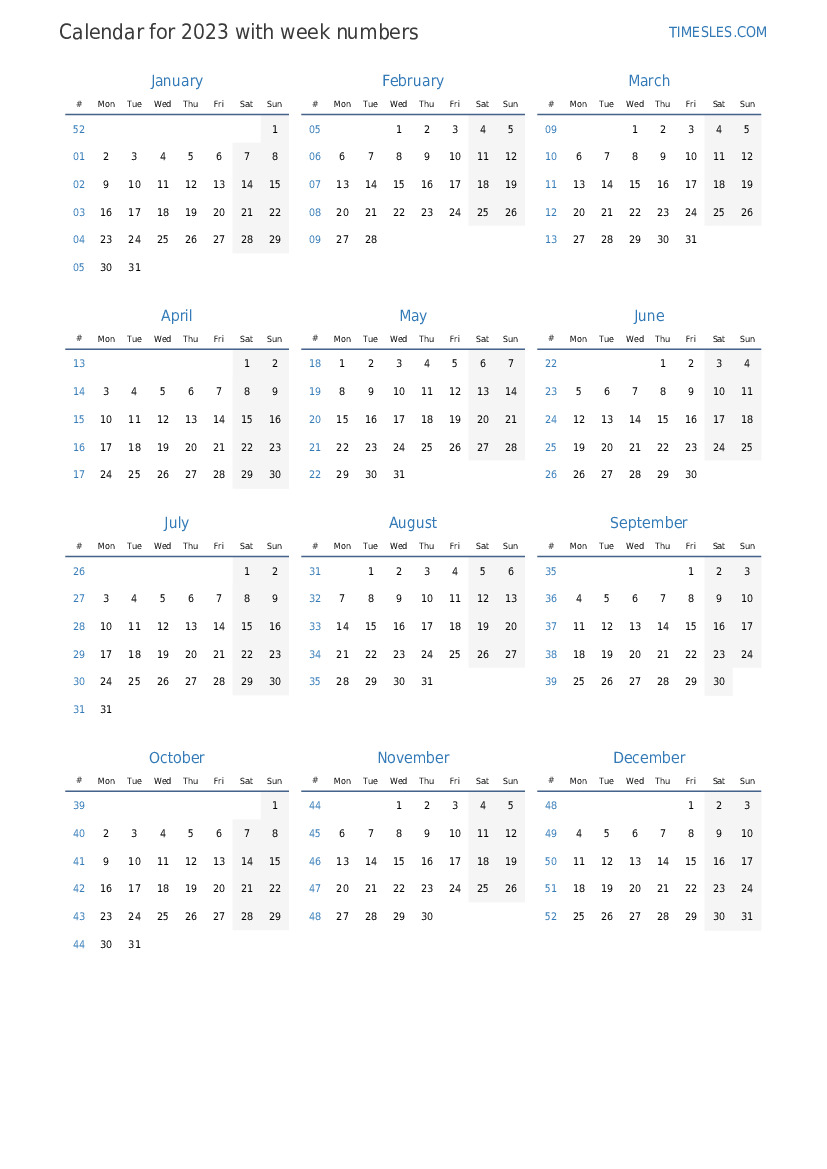2023 Calendar With Week Numbers