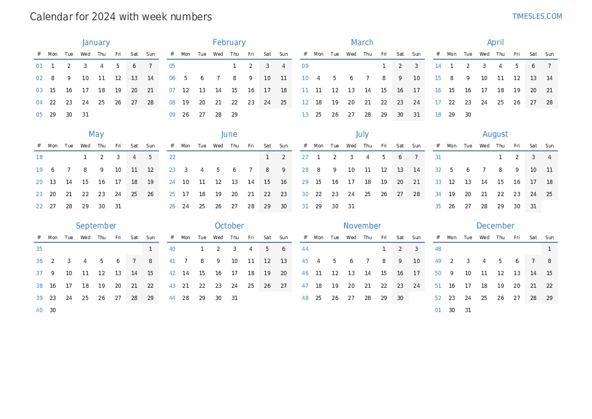 Calendar Yearly With Weeks 2024 L En 