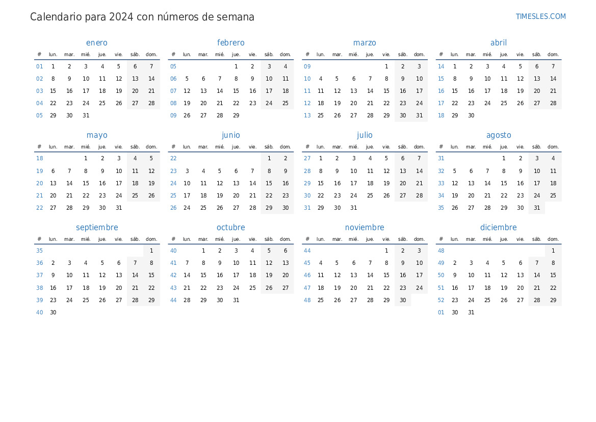 Calendario para 2024 con semanas Imprimir y descargar calendario