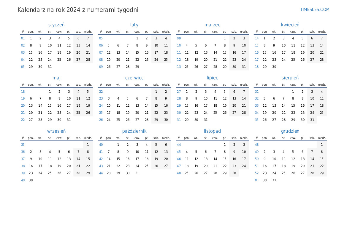 Kalendarz na 2024 rok z tygodniami Wydrukuj i pobierz kalendarz