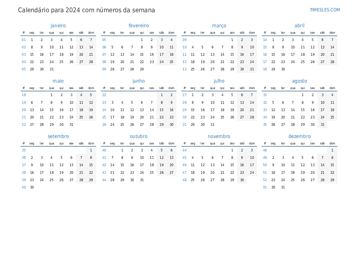 Calendário para 2024 com semanas Imprimir e baixar calendário
