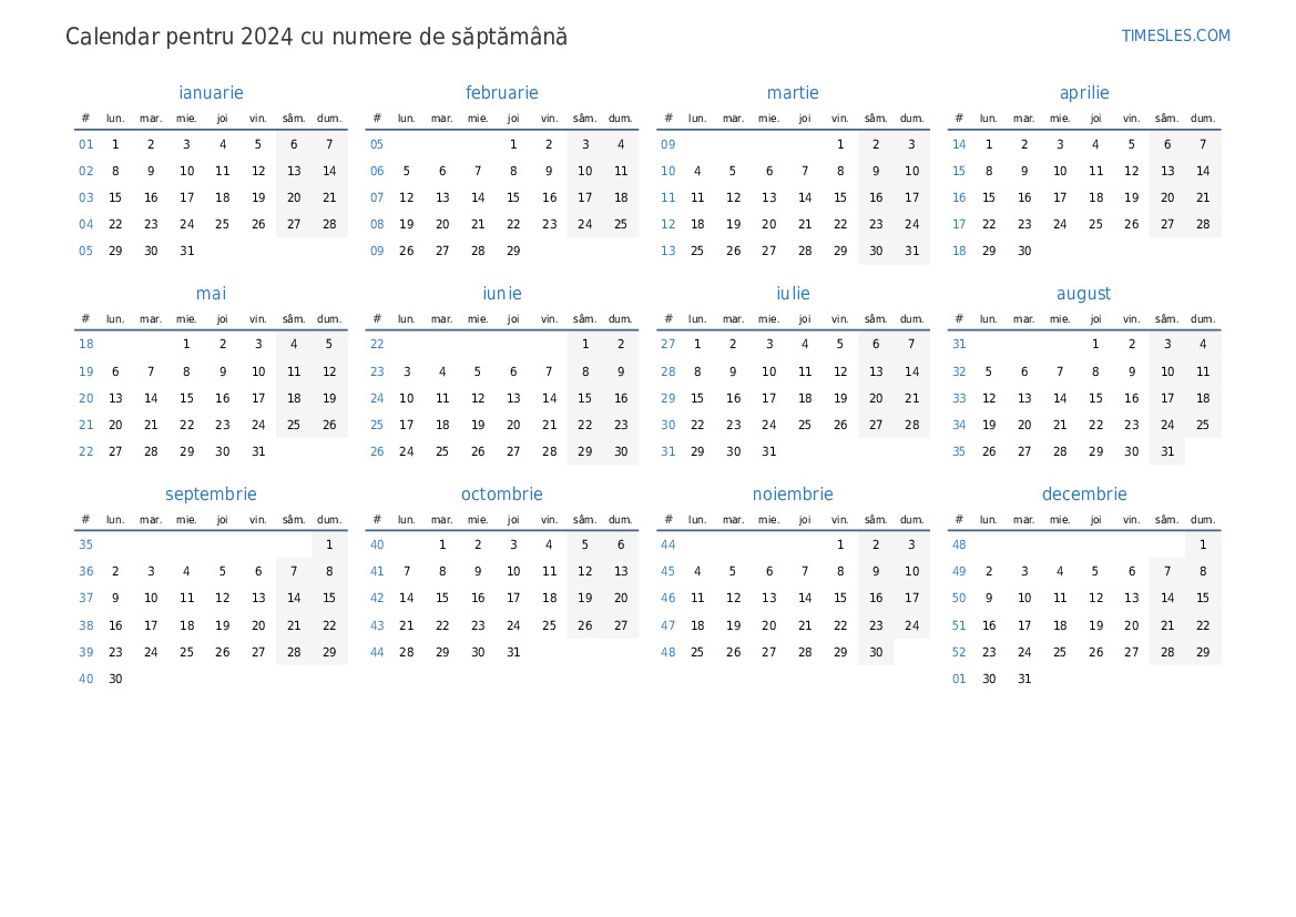 Calendar pentru 2024 cu săptămâni Imprimați și descărcați calendarul