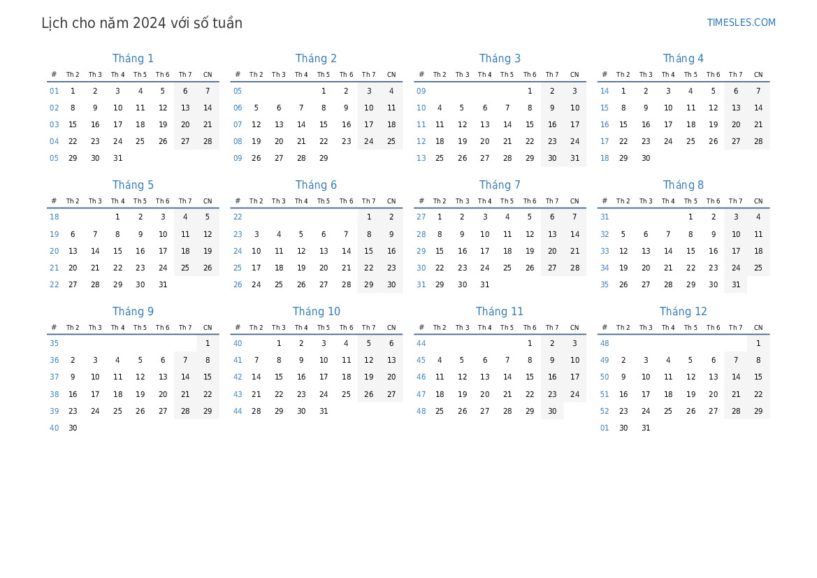 Lịch cho năm 2024 với các tuần | In và tải xuống lịch