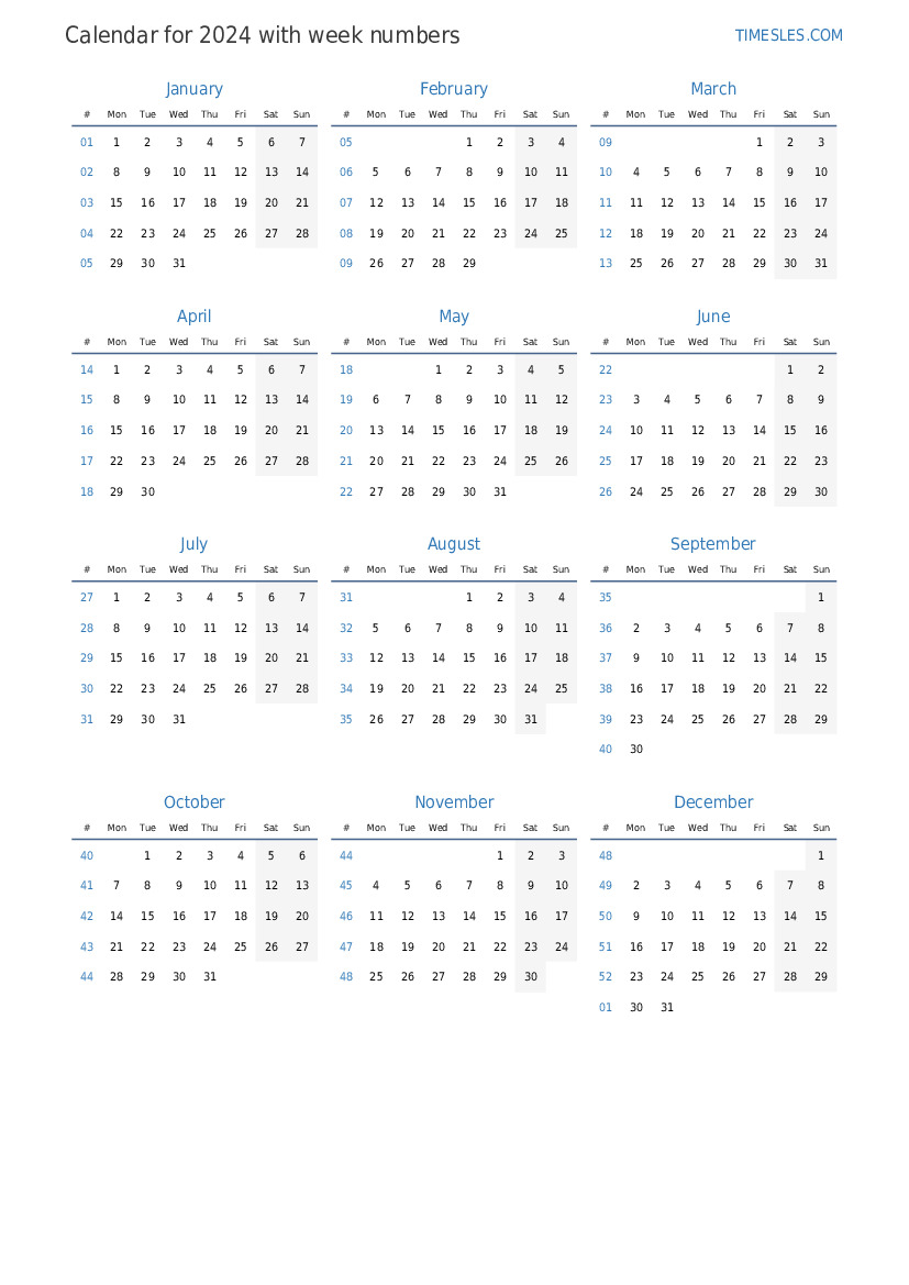 Calendar for 2024 with weeks Print and download calendar