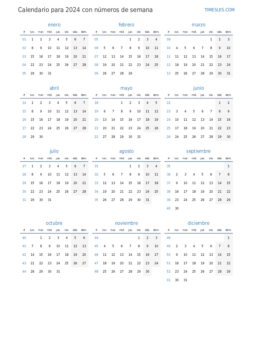 Calendario para 2024 con semanas Imprimir y descargar calendario