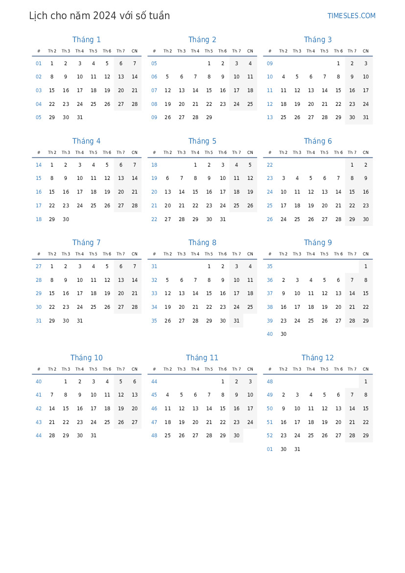 Lịch cho năm 2024 với các tuần | In và tải xuống lịch