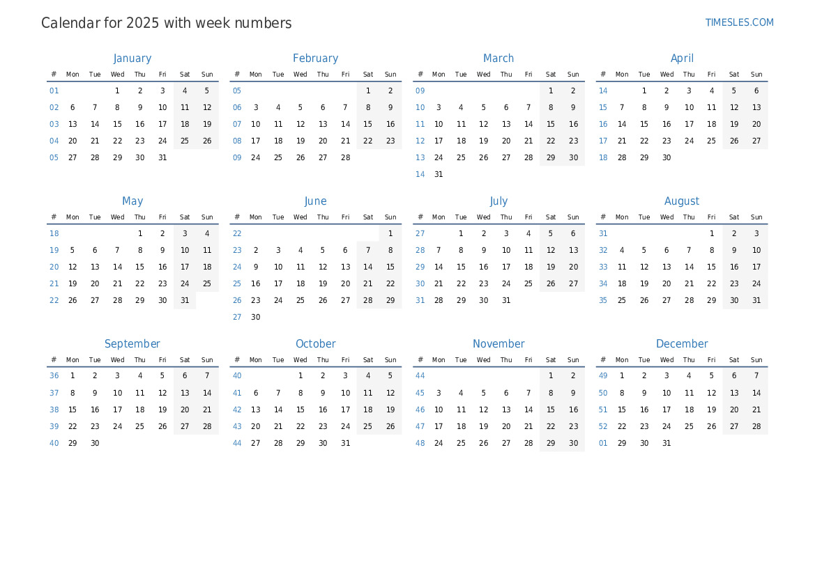 Calendar for 2025 with weeks Print and download calendar