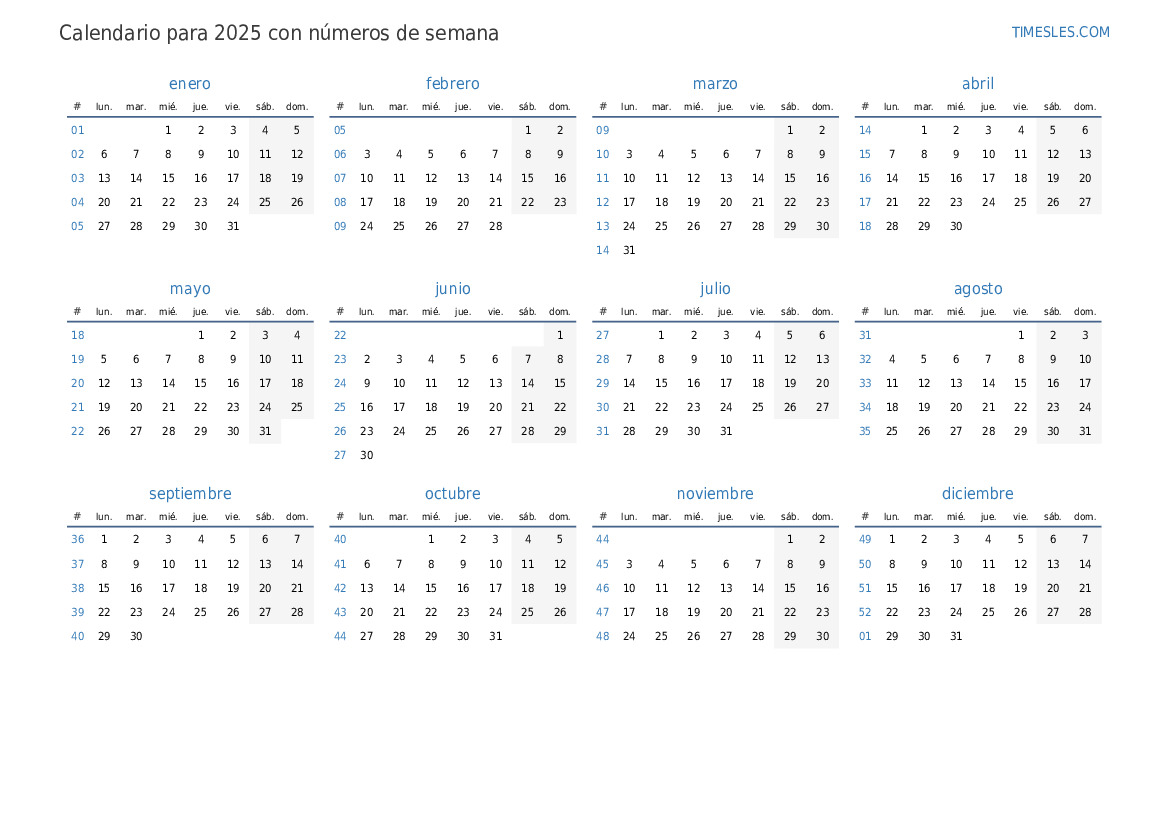 Calendario para 2025 con semanas  Imprimir y descargar calendario