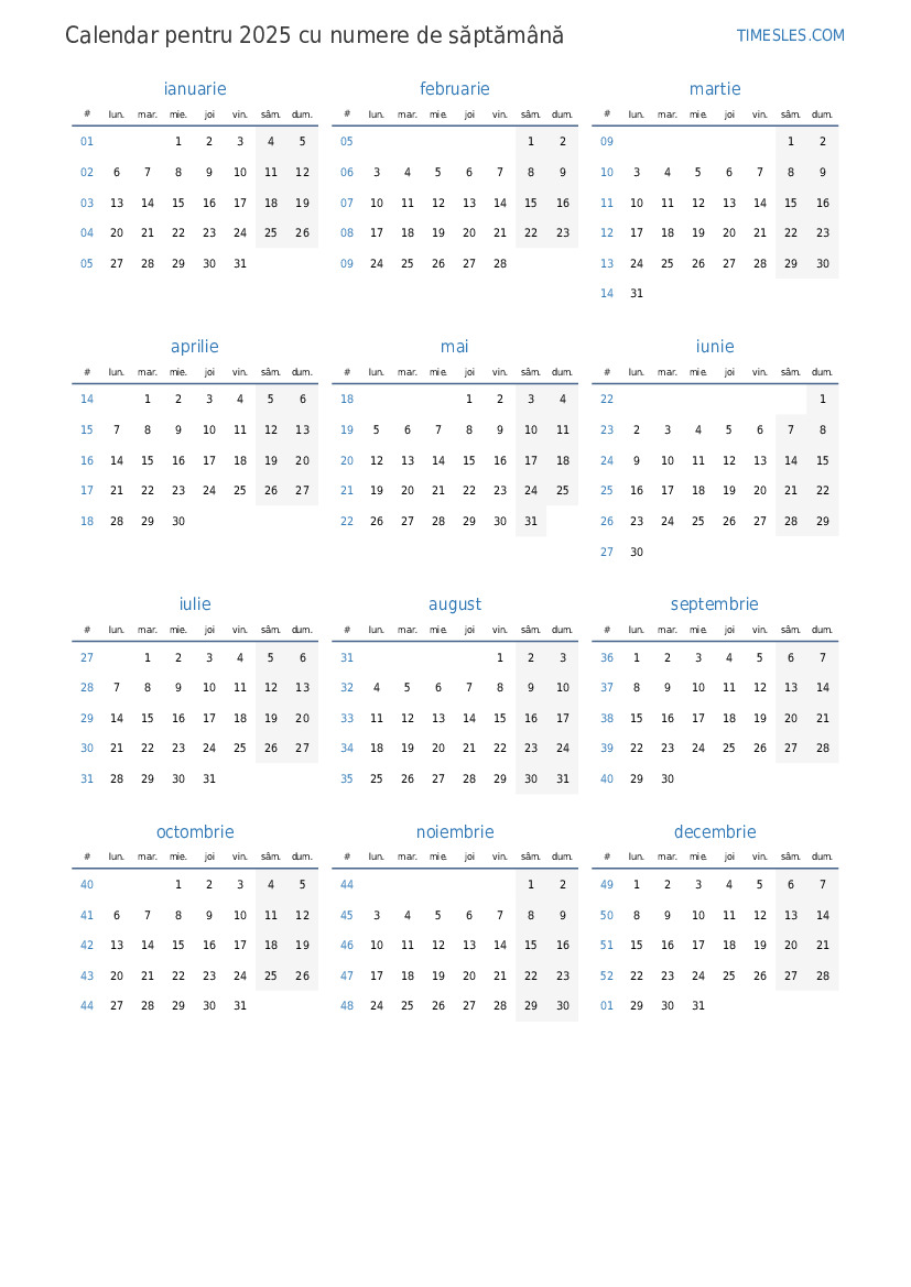 Calendar pentru 2025 cu săptămâni Imprimați și descărcați calendarul