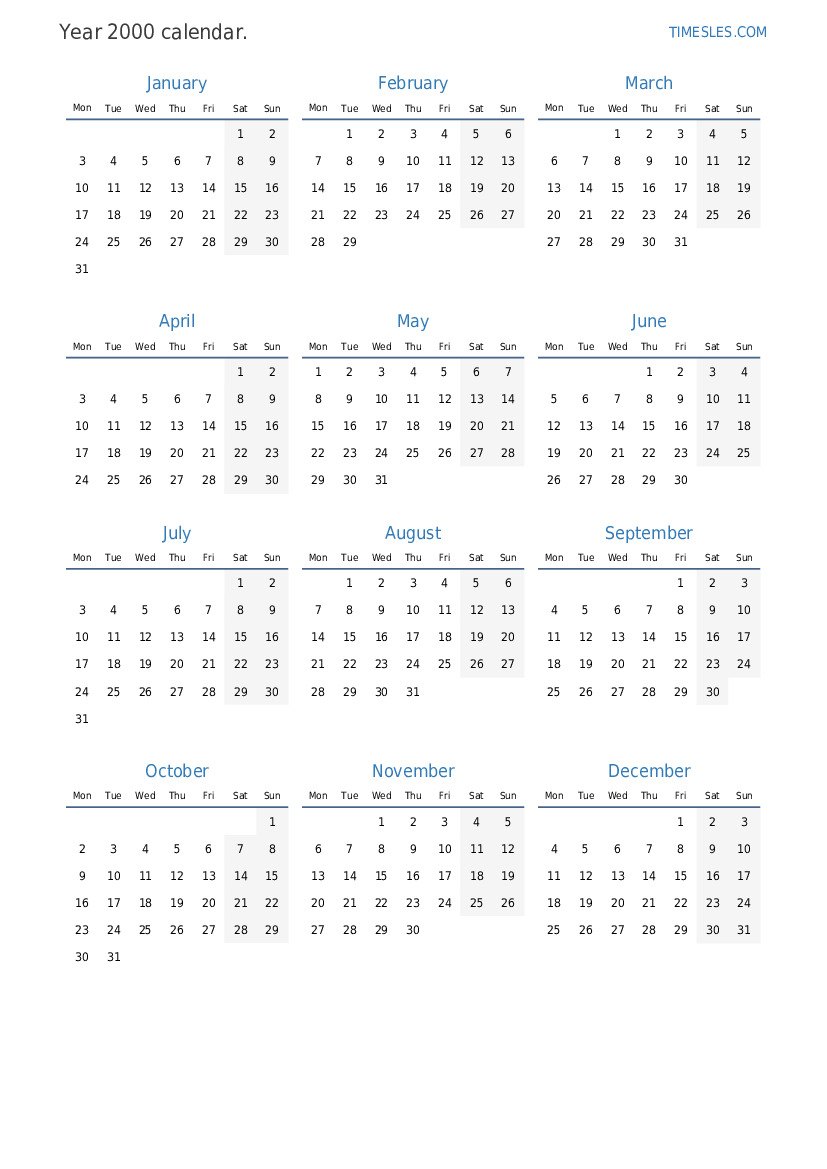 Calendar for 2000 with holidays in Micronesia | Print and download calendar