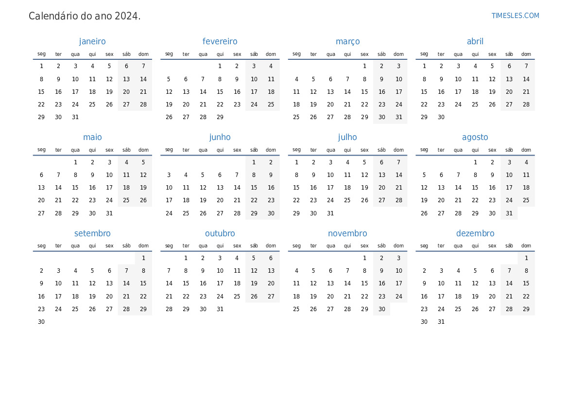 Calendário 2024 com feriados no Reino Unido Imprimir e baixar calendário