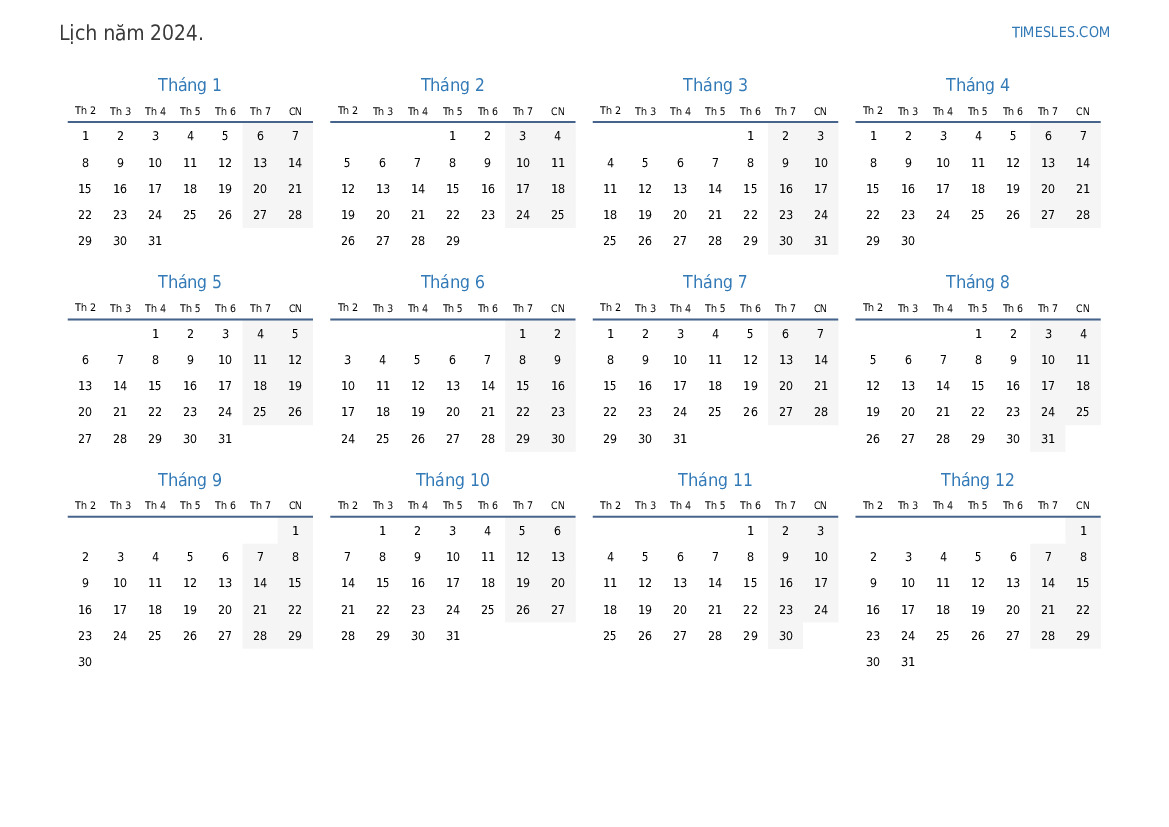 Lịch cho năm 2024 với các ngày lễ ở Việt Nam | In và tải xuống lịch