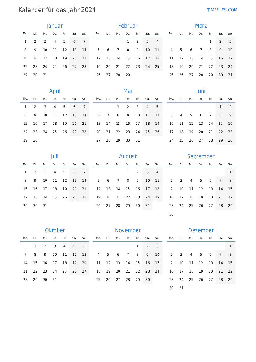 Kalender für 2024 mit Feiertagen in Deutschland Kalender drucken und herunterladen