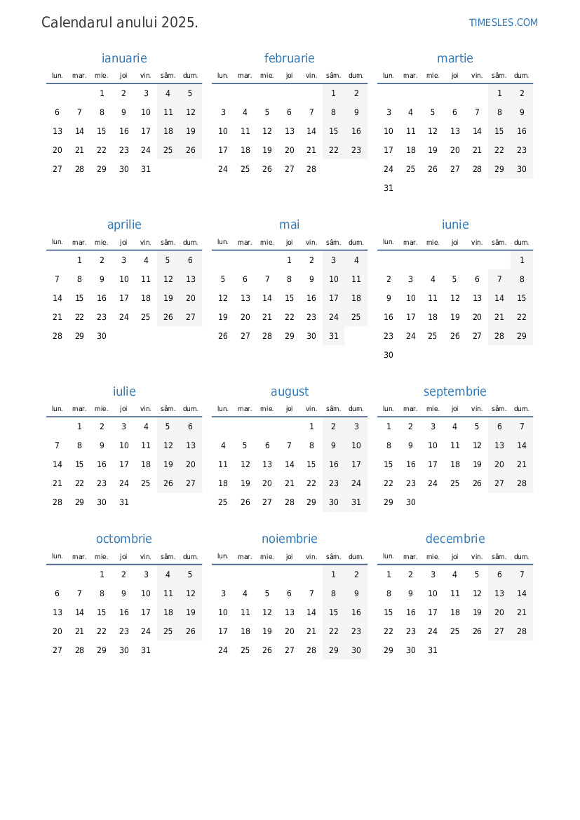 Calendar pentru anul 2025 cu sărbători in Romania Imprimați și