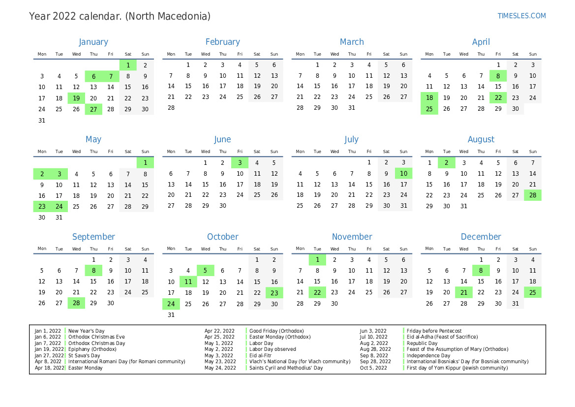 Calendar for 2022 with holidays in North Macedonia | Print and download ...