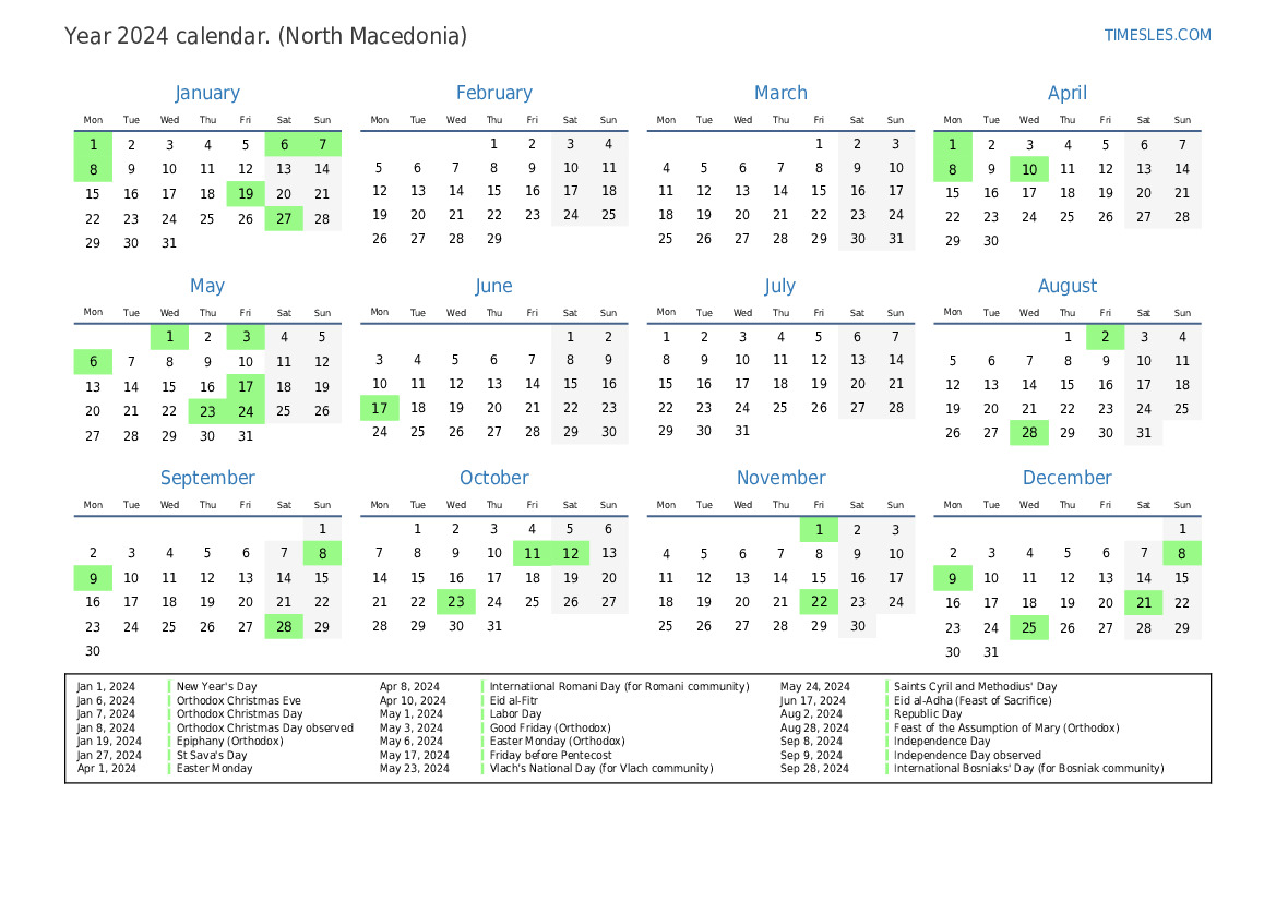 Calendar for 2024 with holidays in North Macedonia | Print and download ...