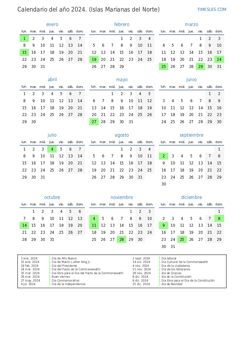 Calendario 2024 con días festivos en las Islas Marianas del Norte
