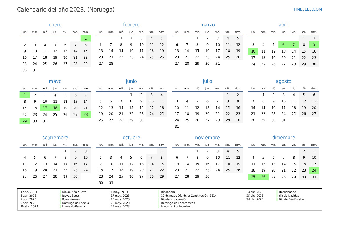 Calendario 2023 con días festivos en Noruega Imprimir y descargar