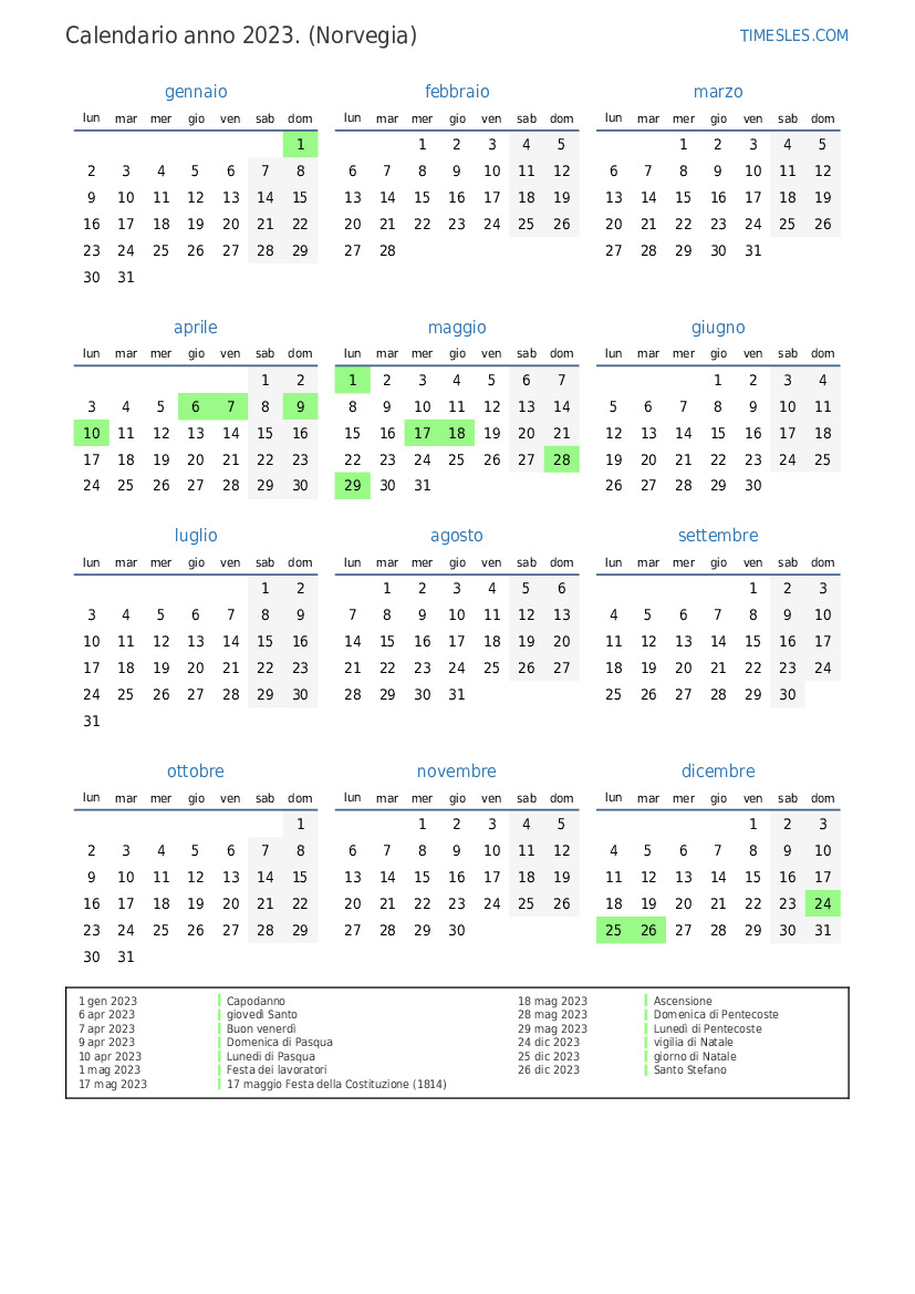 Calendario per il 2023 con giorni festivi In Norvegia Stampa e