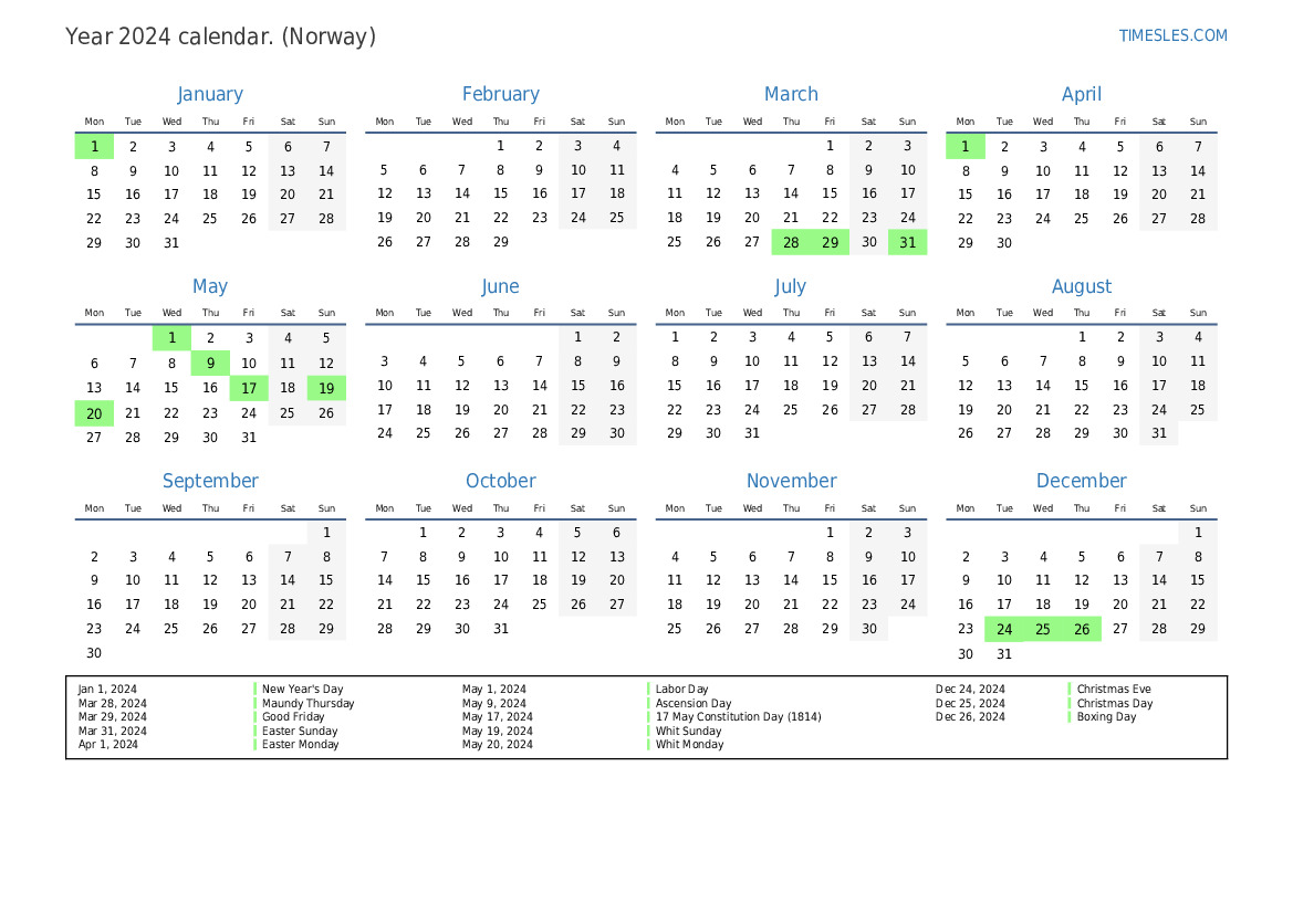 Calendar for 2024 with holidays in Norway Print and download calendar
