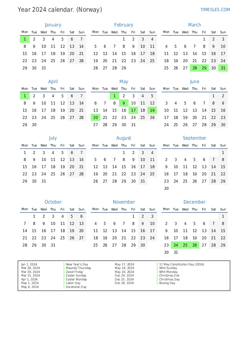 Calendar for 2024 with holidays in Norway Print and download calendar