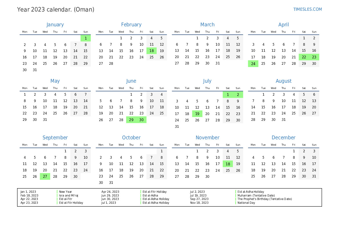 Calendar for 2023 with holidays in Oman Print and download calendar