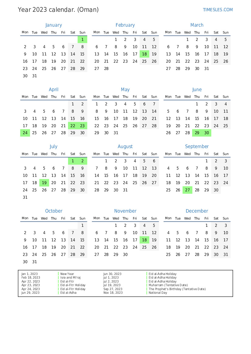 Calendar for 2023 with holidays in Oman Print and download calendar
